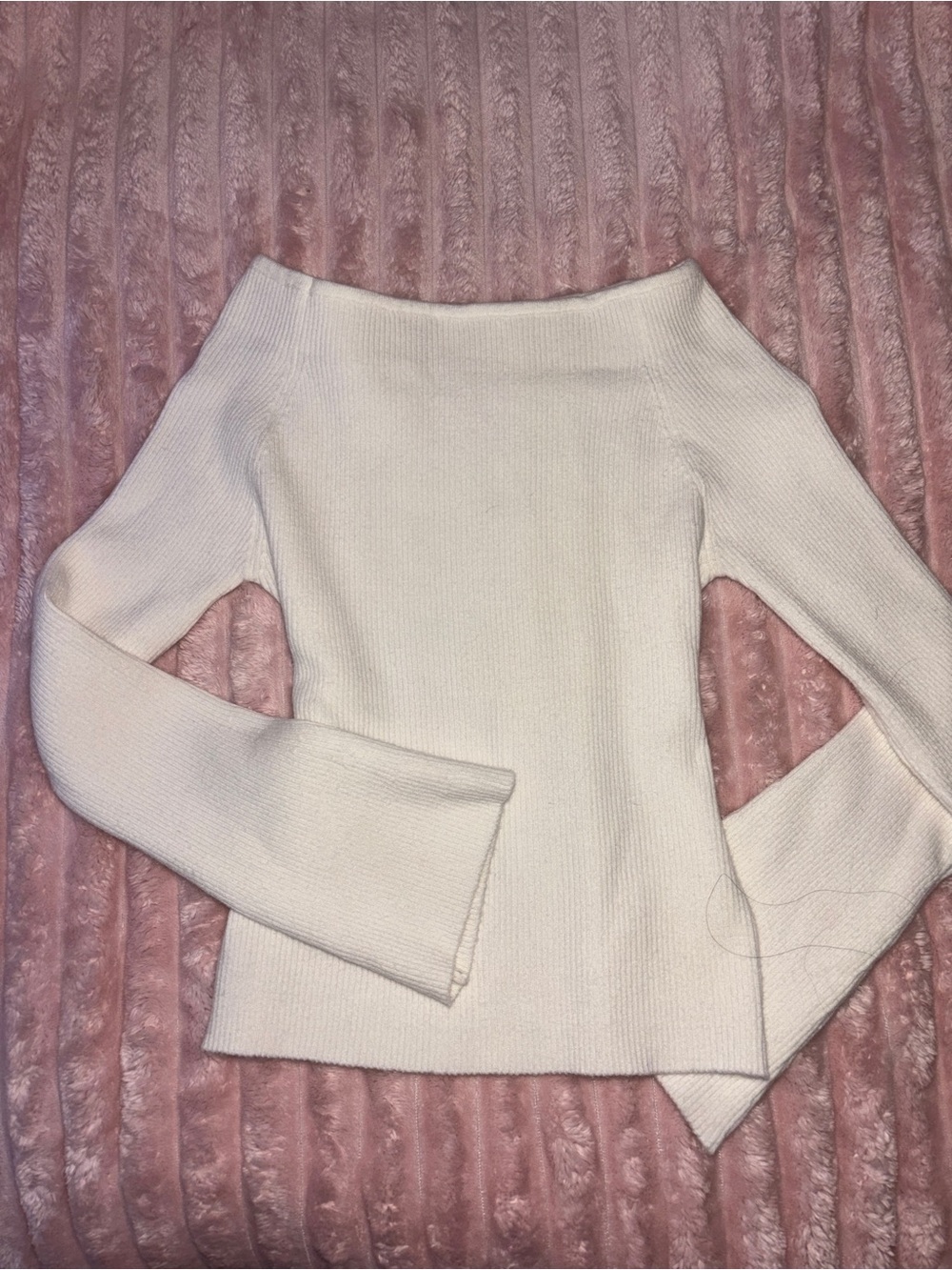 Off-Shoulder Cream Ribbed Knit Sweater - Picture 2 of 2